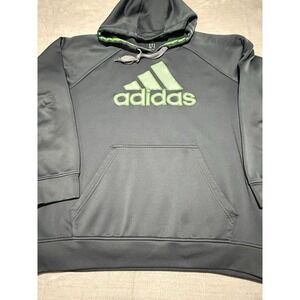 Adidas Mens Gray Pullover Hoodie Lime Green Logo Athletic Sweatshirt XL‎